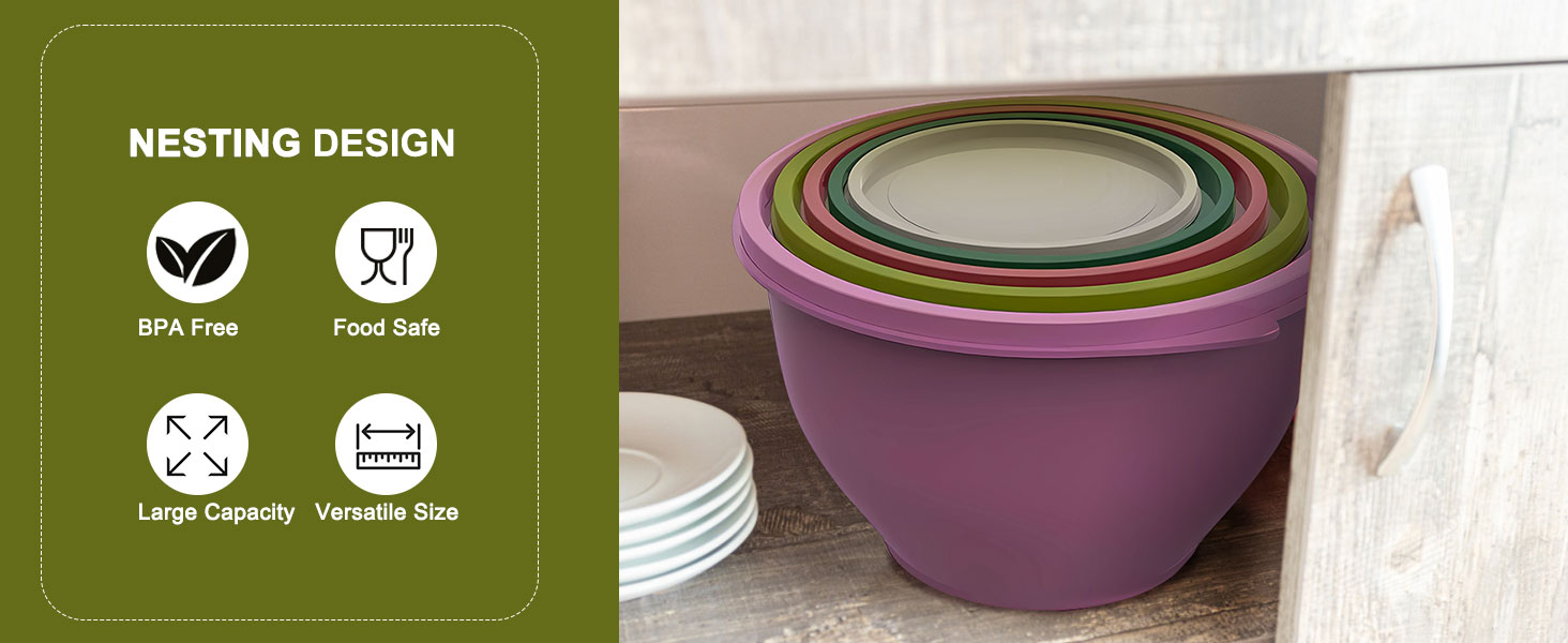 Набір салатниць з кришкою, міски для перемішування з пластику, набір вкладишів для кухні, великі салатниці, сервіровочні миски для змішування та подачі, BPA-free, фіолетовий