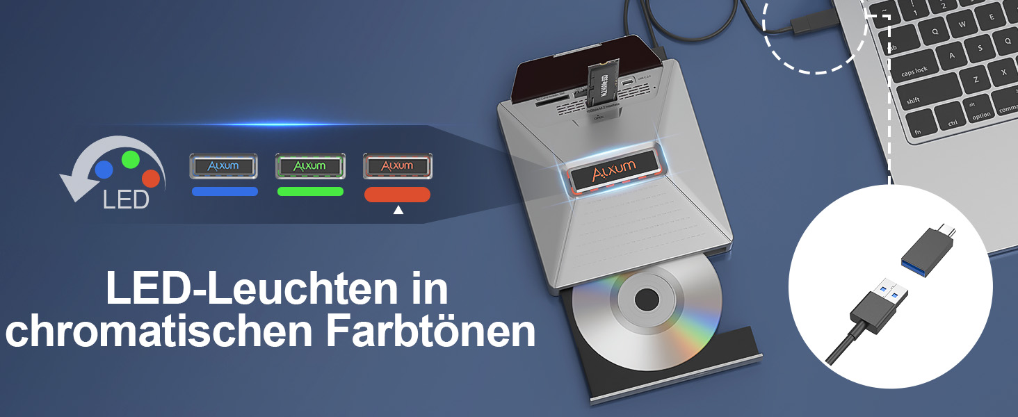 Зовнішній DVD-привід Alxum USB-C 3.0 та USB: CD/DVD плеєр і записувач для ноутбука з картридером SD/TF та додатковим USB-портом, Plug & Play, чорний