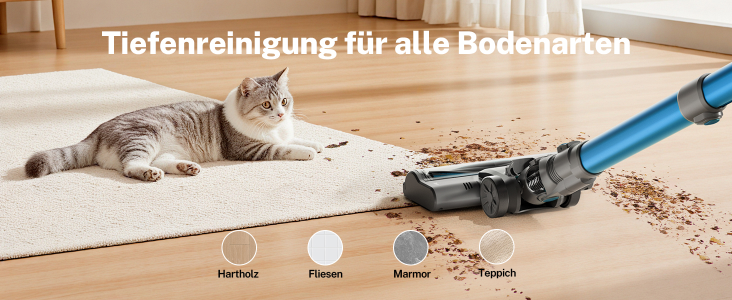 Бездротовий акумуляторний пилосос 25000Pa, 175W, 50хв, з антизаплутувальною насадкою та самостійним паркуванням, легкий ручний пилосос для прибирання килимів, твердих підлог та шерсті тварин, блакитний