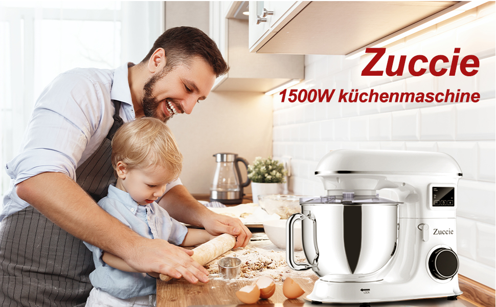 Кухонна машина Zuccie 1500W 8L з 6 швидкостями та функцією ферментації, LCD-дисплей, міксер, гак для тіста, вінчик (біла)