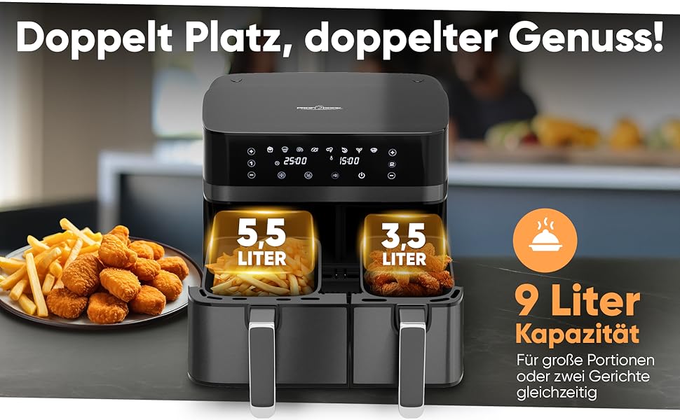 Фритюрниця ProfiCook з подвійними камерами, 9 літрів | Без олії | Airfryer | PC FR 1295 H
