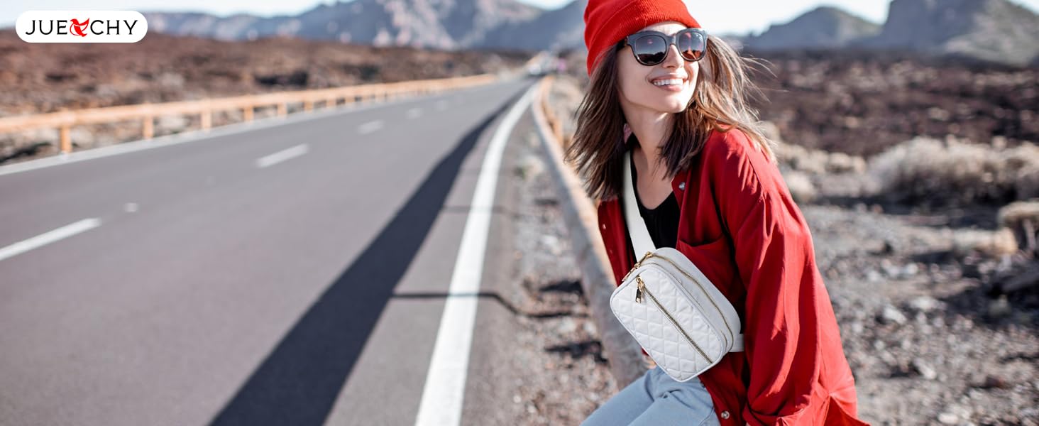 Жіноча бананка Jueachy: водонепроникна сумка через плече з ромбічним візерунком, 4 кишені на блискавці, для активного відпочинку та фестивалів (біла)