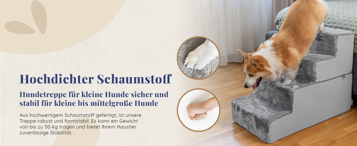 Сходинки для собак на ліжко та диван: 4 сходинки, 58 см, з пінопласту, для маленьких собак, безпечні та стабільні, знімний та пральний чохол, світло-сірий