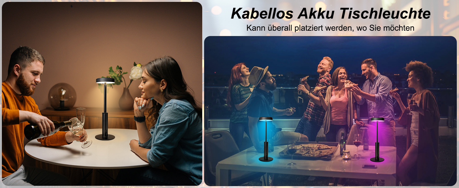 LED-лампа настільна бездротова, акумуляторна, 3 кольори, RGB, регульована яскравість, сенсорне керування, чорна. Підходить для вітальні, спальні, ресторану, вечірки, кав'ярні.