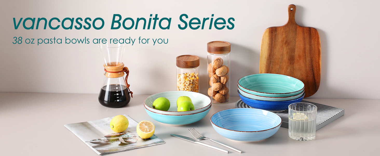 Набір супових тарілок Vancasso Bonita (6 шт) з кераміки, 38oz, блакитні