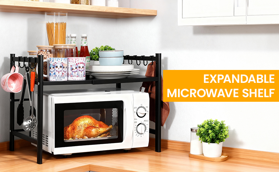 Регульована підставка для мікрохвильовки 2-ярусна, розширювана полиця для кухні з вуглецевої сталі з 8 гачками, органайзер для кухонних аксесуарів, стійка для мікрохвильовки та полиця для зберігання, кухонна полиця для випічки