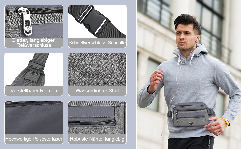 Чоловіча/жіноча поясна сумка на пояс з 7 кишенями на блискавці для спорту, фітнесу, бігу, велоспорту, подорожей та кемпінгу, блакитна