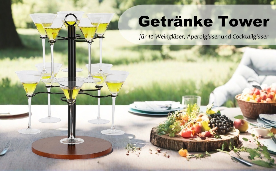 Стійка для келихів JUJOYBD на 10 келихів: 2-рівнева підставка для вина, Aperol та коктейльних келихів, з дерев'яним основанням для вечірок, свят та заходів на відкритому повітрі