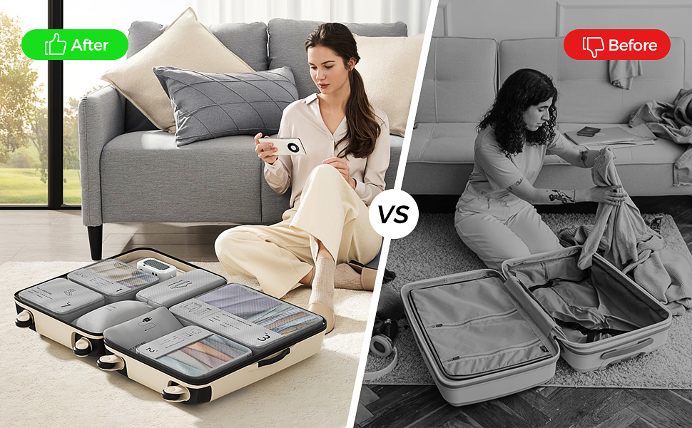 Органайзер для валізи Yomisee, Набір з 7 частин, Packwürfel Set, Органайзери для одягу в подорож, Сірий