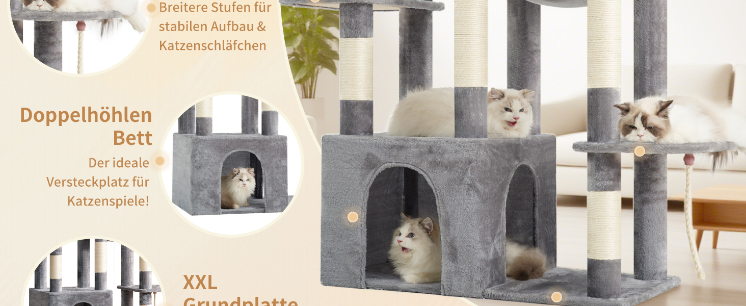 Дерев'яний будиночок для котів Heybly Kratzbaum 120см - великий котячий комплекс з міцною основою, багатоярусні м'які меблі, когтеточка, гамак та іграшка, сірий HCT026W