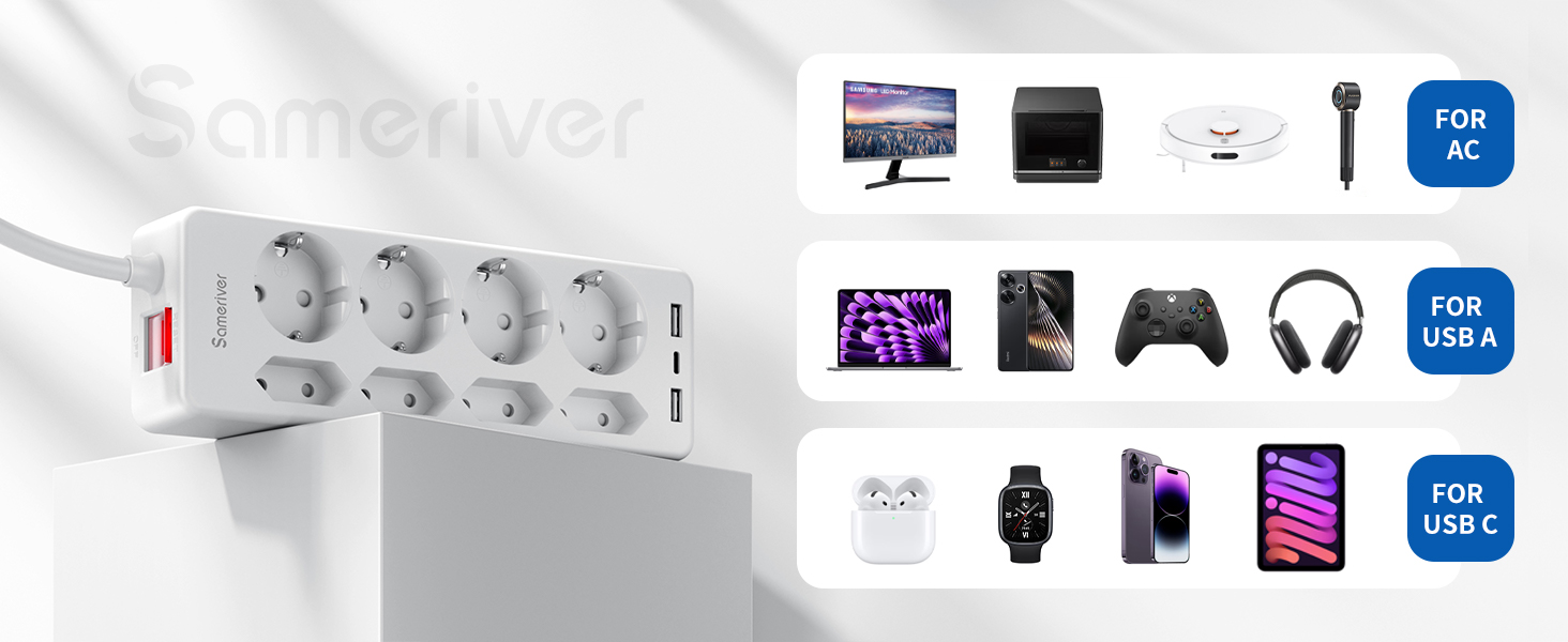 Мережевий фільтр Sameriver на 8 розеток з захистом від перенапруги, 3 USB-порти, вимикач, кабель 3м, білий