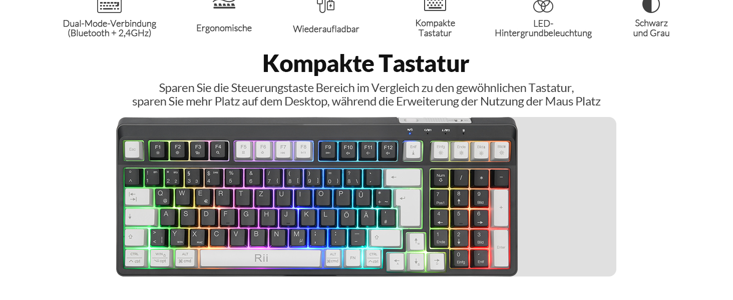 Бездротовий ігровий комплект клавіатури та миші Rii: Bluetooth + 2.4GHz, LED-підсвітка, QWERTZ
