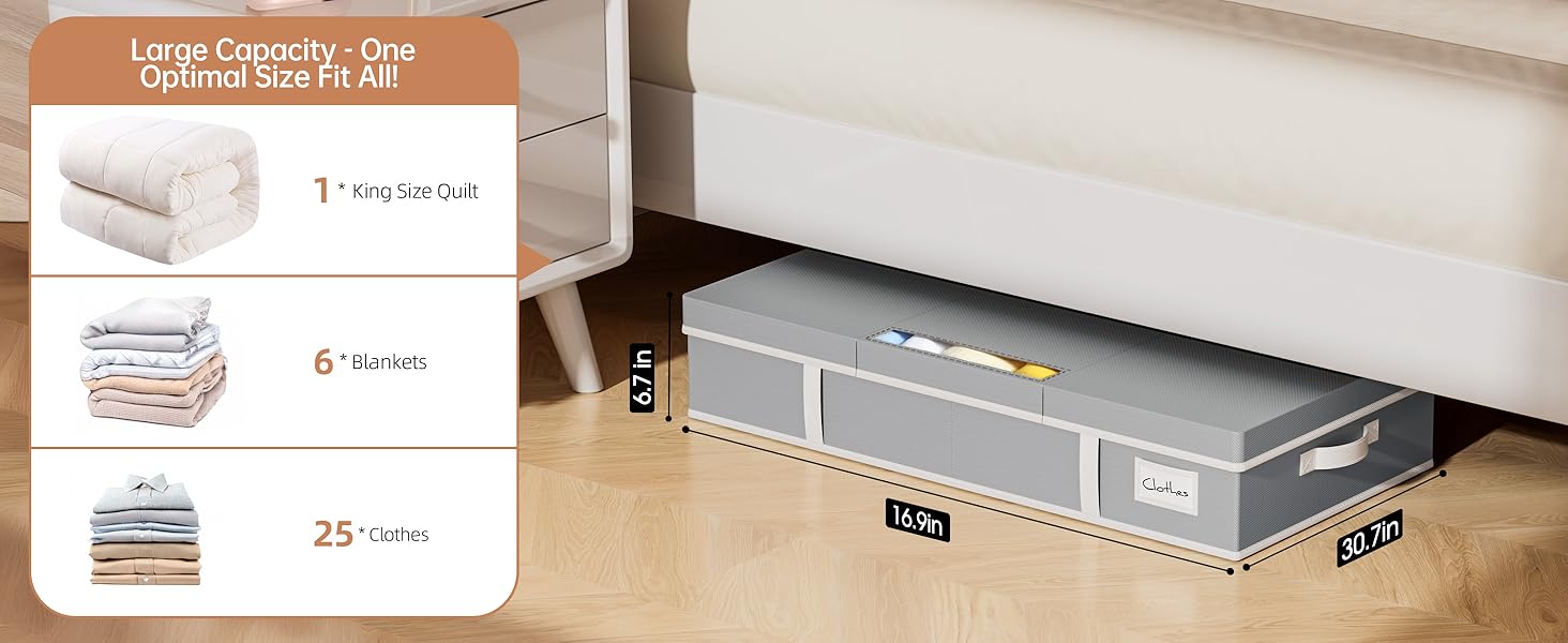 Комод під ліжко LAMU 2 шт., ящик для зберігання під ліжко з кришкою, великий, складний, сумка для зберігання одягу з віконцем та 4 ручками для ковдр, одягу, взуття, сірий, 80x40x15 см, 48 л, сірий