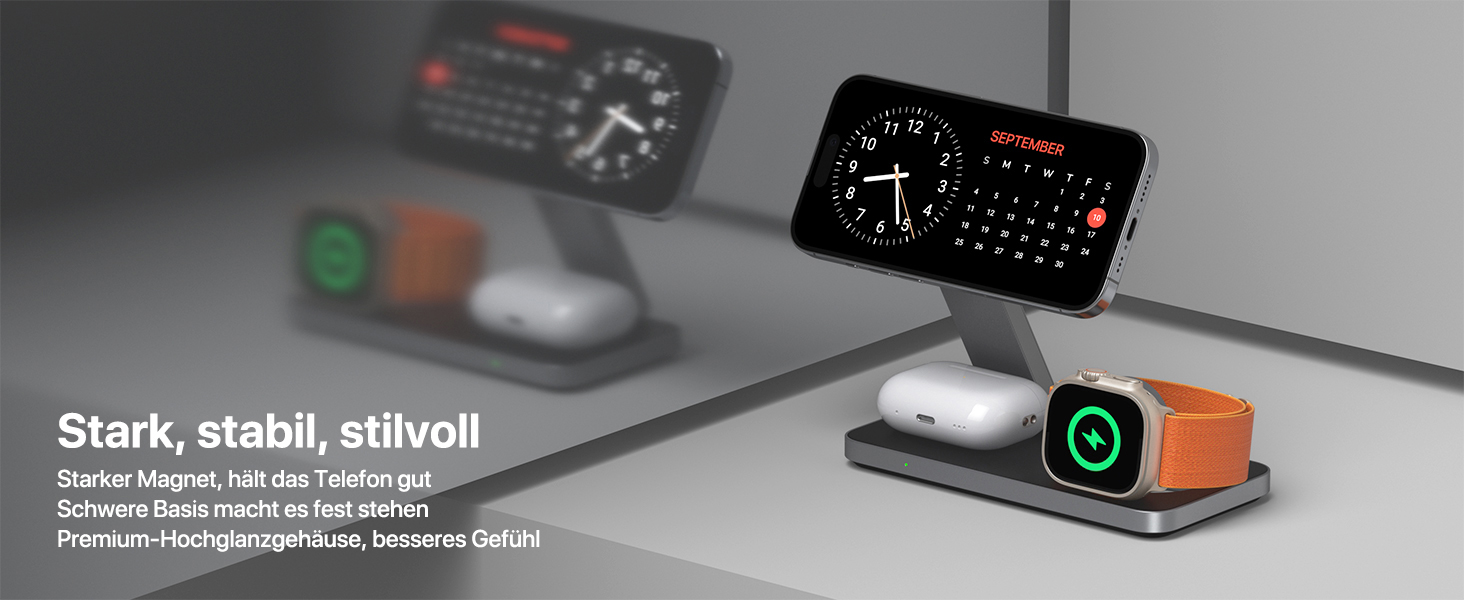 Бездротова зарядка Induktive з підтримкою MagSafe, 3-в-1 для iPhone 15/14/13/12, Apple Watch та AirPods, 30W, колір: чорний