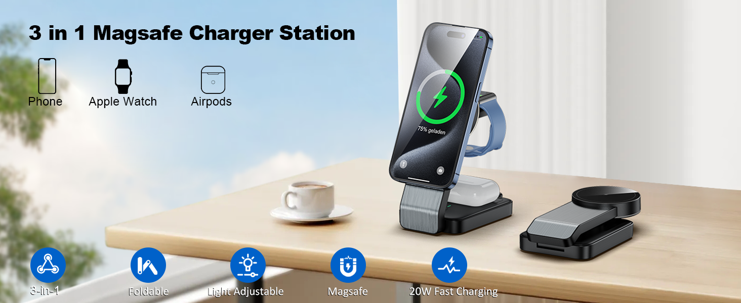 3-в-1 Станція Бездротової Зарядки: iPhone, Apple Watch, AirPods (Біла/Чорна)