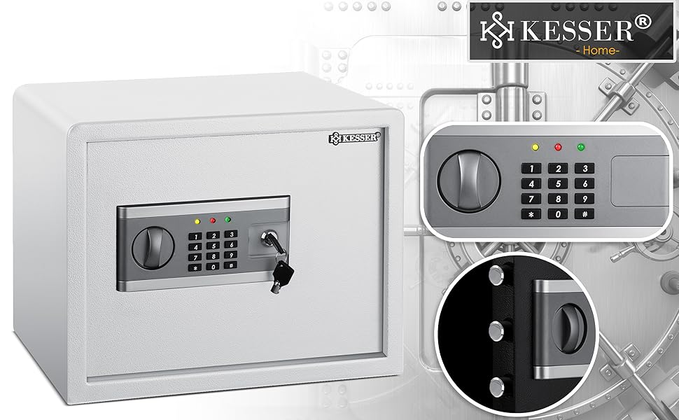 Електронний сейф KESSER® 35x25x25 см з батарейним відсіком, подвійним замком, освітленням, для підлоги/стіни (срібний, L)
