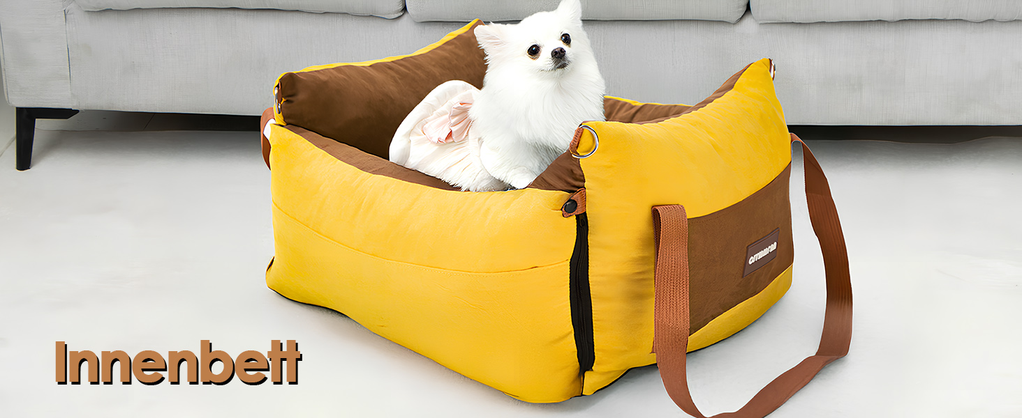 Portable Dog Car Seat for Small & Medium Dogs Under 15KG - Washable Travel Bed with Storage & Safety Belt (Green & Yellow)