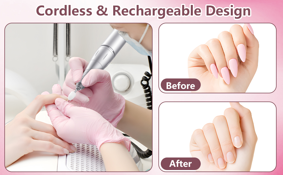 Професійний портативний фрезер для нігтів 45000 об/хв з LCD-дисплеєм - для акрилу та гелю, 11 насадок, рожевий/білий