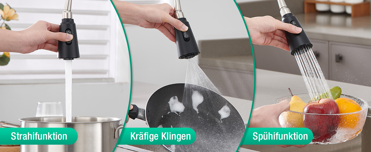 Кран кухонний CREA Wasserfall висувний з дозатором мила, нержавіюча сталь, 360° оберт, 4 режими, матовий чорний