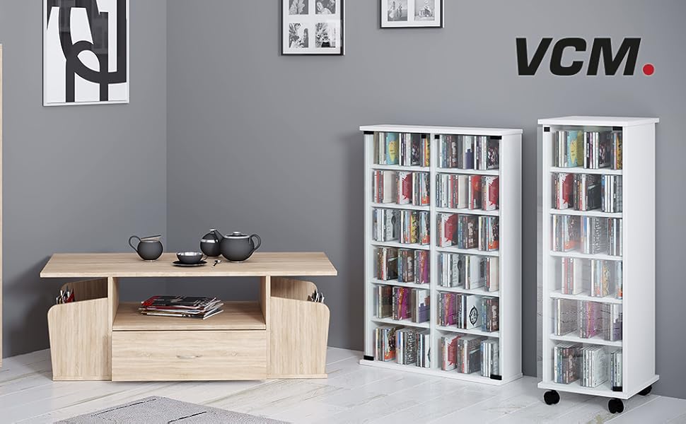 Дерев'яний стелаж VCM Elementa для CD/DVD/Blu-Ray, стоячий, 92x21x20 см, білий/медовий дуб, компактний органайзер для 102 CD або 36 DVD, елегантний дизайн