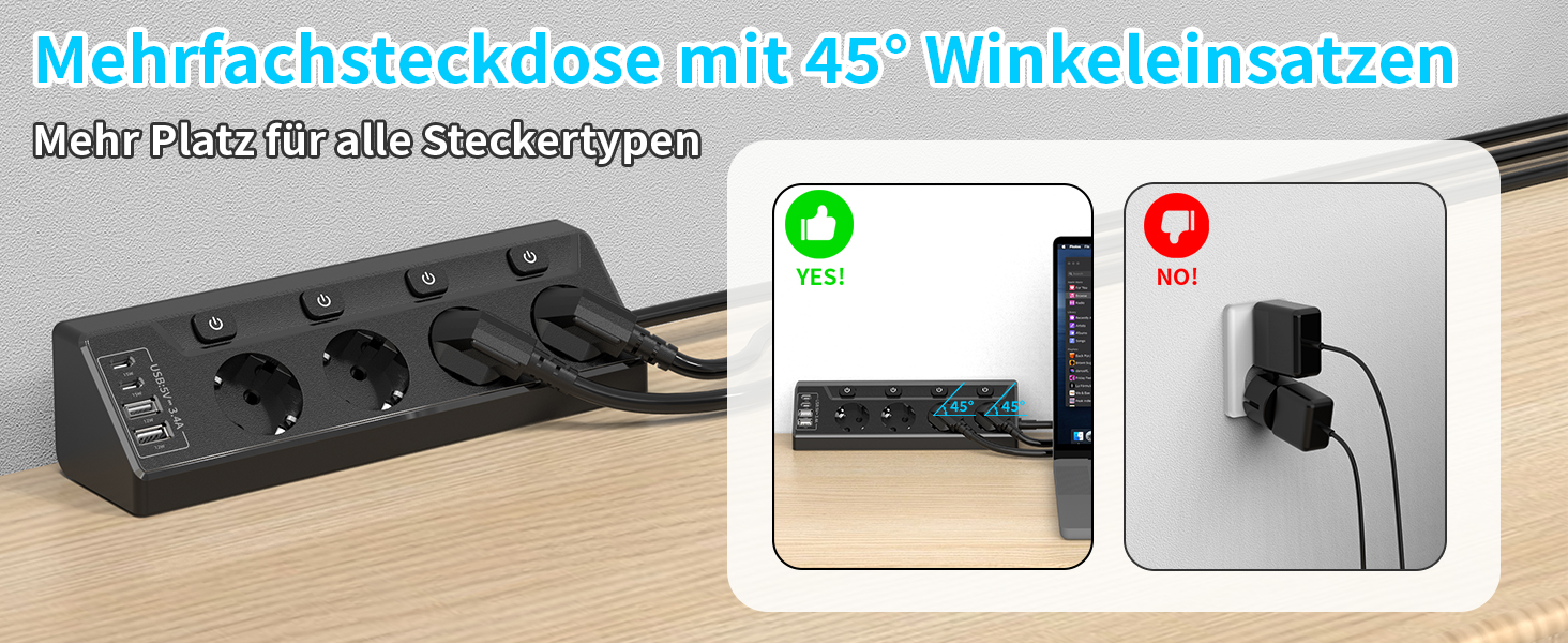 Мережевий адаптер з захистом від перенапруги Eck з USB-C, 6 розеток, 2м кабель (4000W, 16A), розподільний блок для кухні, офісу (4 розетки, чорний)