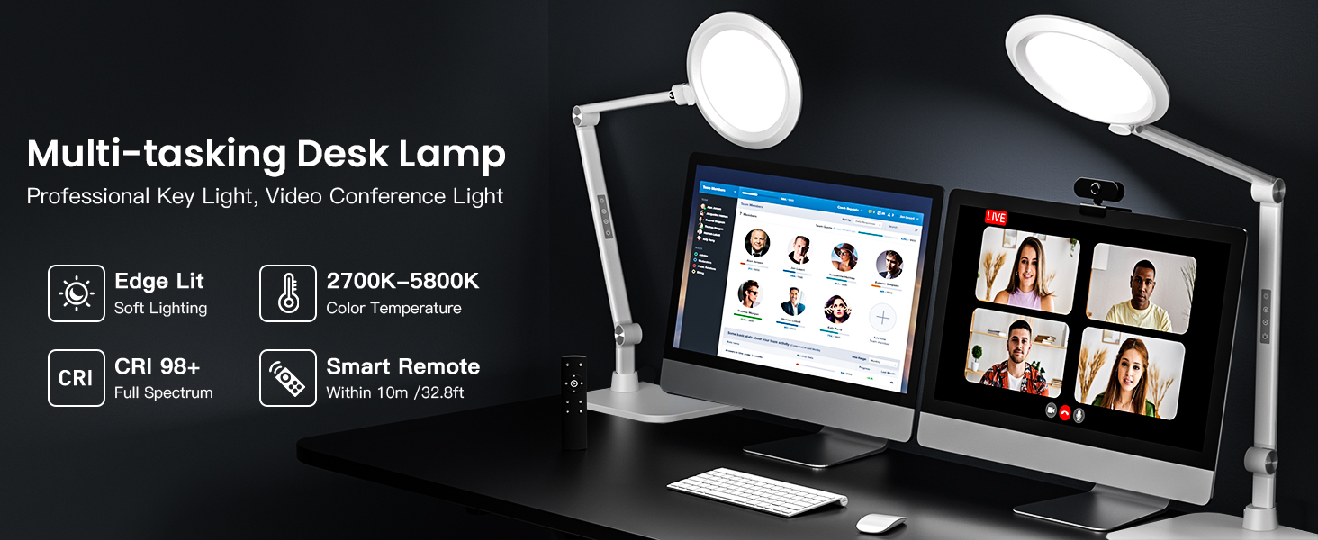 LED лампа настільна з денним світлом для відеоконференцій, офісна лампа з підставкою, регульована з 4 режимами кольору, 18W світло для відео, захищає очі, підходить для дому та офісу, матовий білий