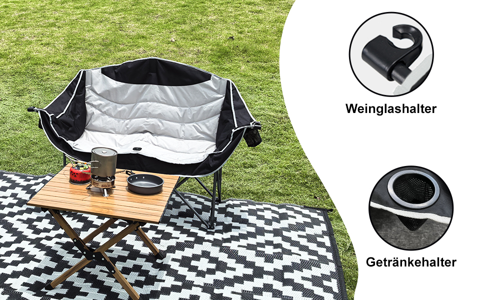 Кампанінг стілець подвійний великий, м'який, з підсклянником, складаний для 2 осіб, чорно-білий