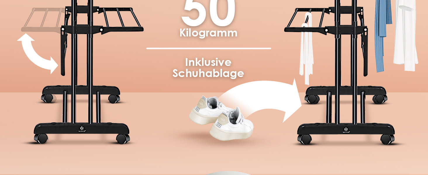 Кесер® Сушилка для білизни з колесами - тур-модель, 4 яруси, 2 обертові крила, 6 розкладних рівнів, білий/антрацит (чорний)