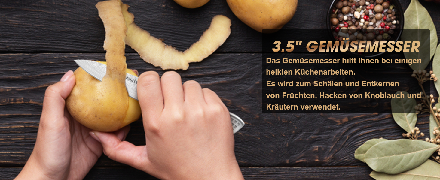 Набір кухонних ножів MOSFiATA, 5 шт. з нержавіючої сталі: кухонний, сантоку, універсальний, для хліба, для очищення з захистом пальців та подарунковою коробкою