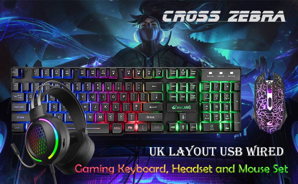 Ігровий набір клавіатури, навушників та миші, UK Layout, 104 клавіші, RGB підсвічування, 2400DPI, 7.1 Surround Sound, для PS4/Xbox (потрібен адаптер)