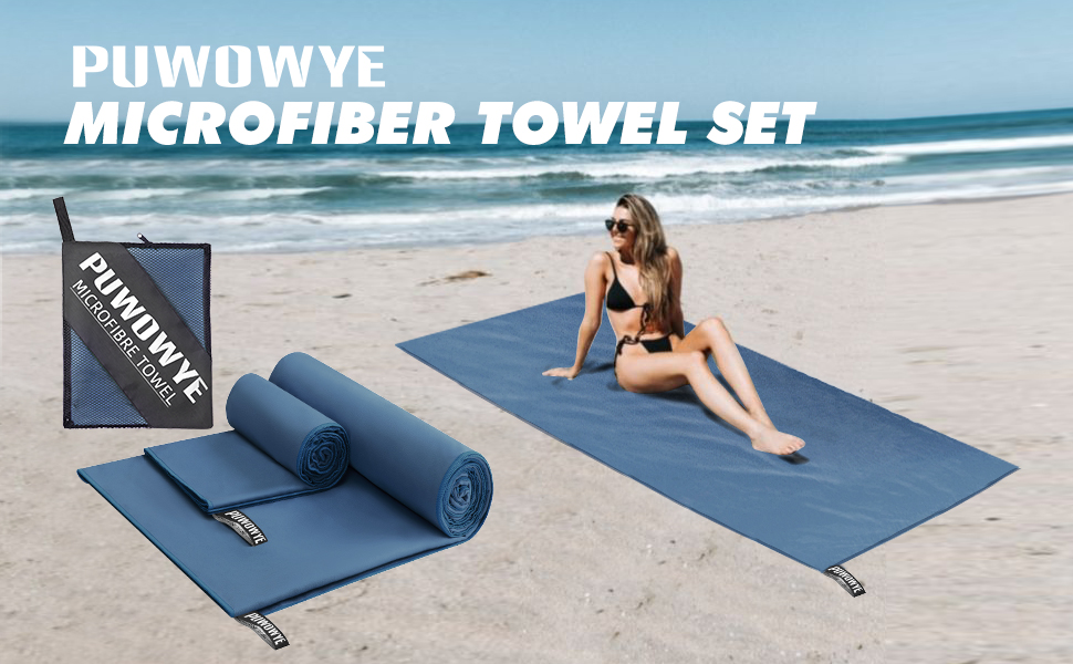 PUWOWYE Набір рушників з мікрофібри (2 шт.): великий 160x80 см + маленький 80x40 см, швидковисихаючі, для спорту, фітнесу, сауни, пляжу, подорожей та відпочинку на природі, блакитні