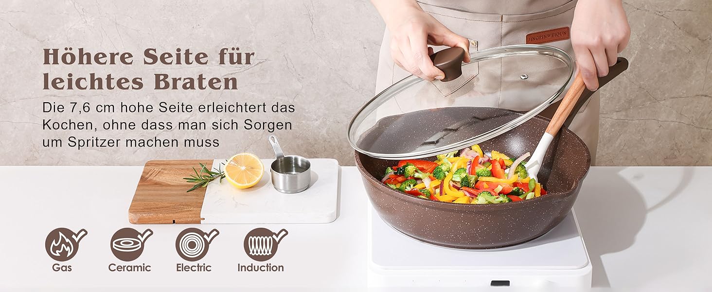 Сковорода SENSARTE з керамічним антипригарним покриттям, 28 см, швейцарське гранітне покриття, для приготування омлетів, сумісна з газовою та індукційною плитами, без PFOA/PTFE/PFAS, білий колір