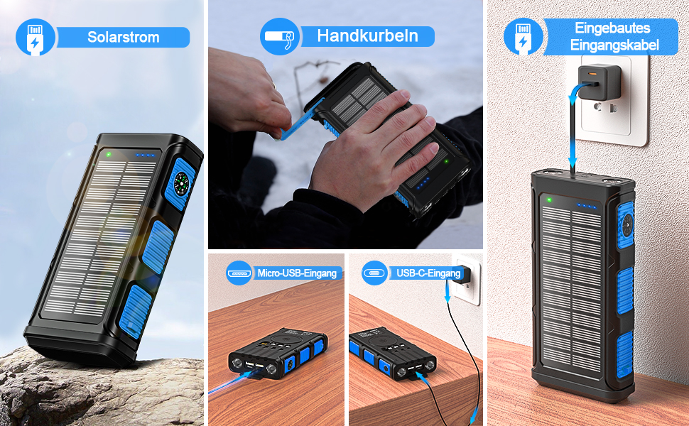 Сонячний Power Bank 26800 mAh з ручкою та 4 кабелями, USB-C, 7 виходів, 4 входи, для телефону, Outdoor, водонепроникний, зовнішній акумулятор для кемпінгу (Синій)