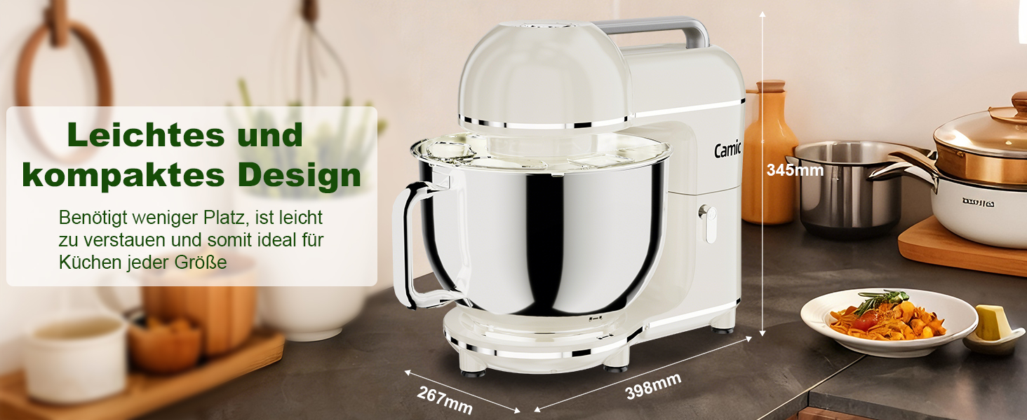Кухонний комбайн-міксер Camic 2000W, чаша з нержавіючої сталі 7л, 10 швидкостей, набір насадок та захист від бризок, білий