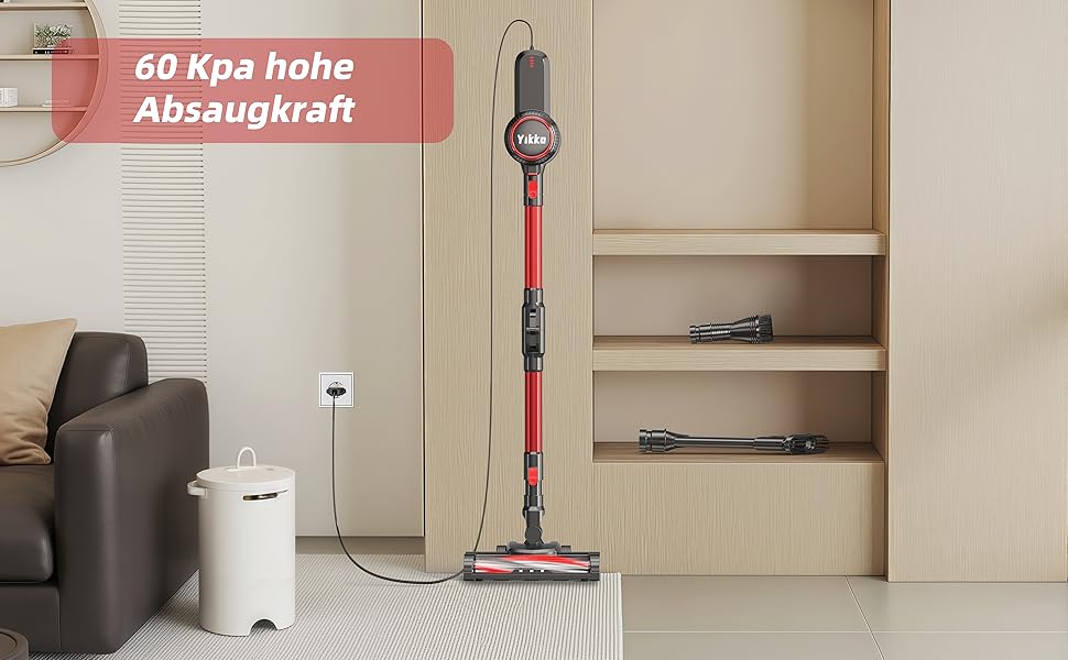 Yikko 3-в-1, пилосос 60KPa з потужним кабелем, електрична підміталка з гнучким шлангом, пилосос з LED-підсвічуванням, ідеально підходить для килимів/підлоги/волосся (Червоний-60)