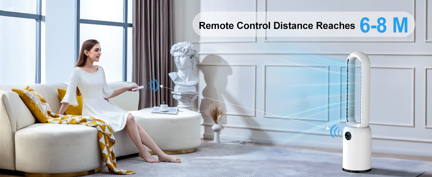 Безлопатий вентилятор з дистанційним керуванням, тихий, з LED-дисплеєм, 90° гойдання, 24 швидкості, 12H таймер, підлоговий вентилятор для дому (білий)