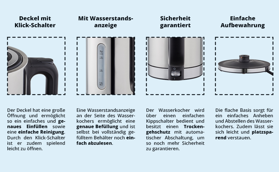 Електричний чайник KHG WK-1702 ES з нержавіючої сталі, 1,7 л, фільтр від накипу, індикатор рівня води, відкривання кнопкою, захист від сухого кипіння, автоматичне відключення, прихований нагрівальний елемент, BPA-free, 2200 Вт
