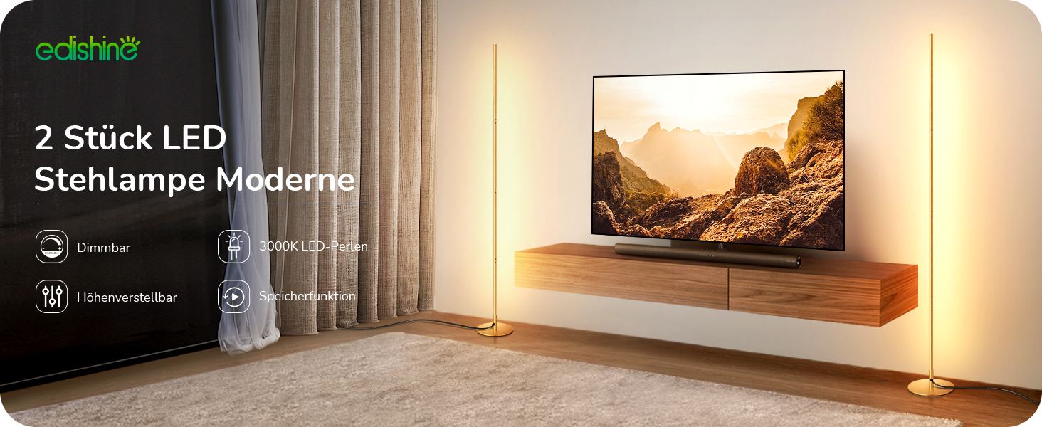 LED торшер Edishine 2 шт. з димуванням, тепле світло 3000K, регулювання висоти 146 см, з функцією пам'яті, для вітальні, спальні, офісу, золотий