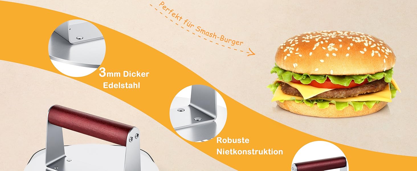 Прес для бургерів з нержавіючої сталі, 16 см, професійний, для гриля, легко миється