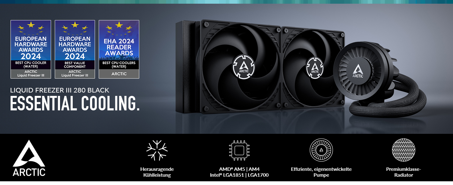 Система водяного охолодження ARCTIC Liquid Freezer III 280 для ПК - 2x140mm вентилятори, радіатор 38mm, PWM-насос, підтримка AMD AM5/AM4, Intel LGA1851/1700