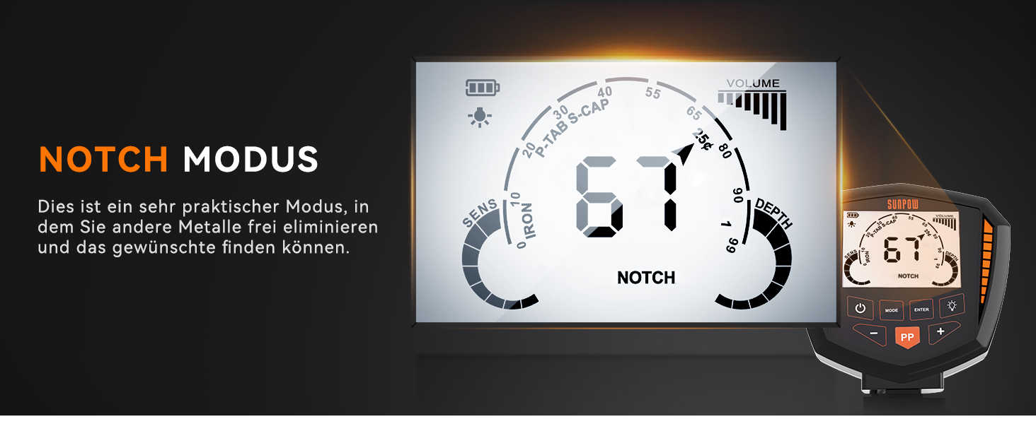 Металошукач SUNPOW – 5 режимів, професійний для дорослих, з Pinpointer, водонепроникний IP68, 30см котушка, 2 HD-LCD дисплеї, DSP-чип, регульований стержень, міцна спіральна структура, повний комплект (OTMD07)