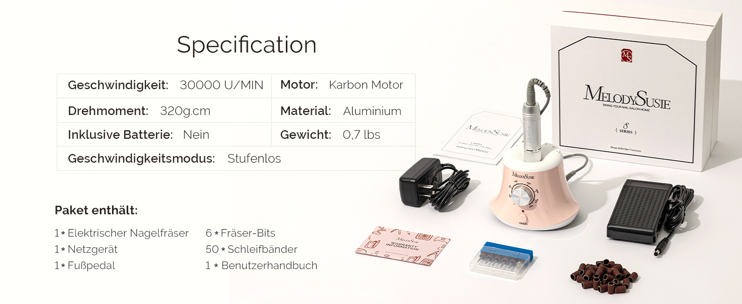 Електричний фрезер для нігтів MelodySusie 30000 об/хв: професійний набір для манікюру та педикюру з педаллю, для гелю та акрилу, білий (C-рожевий)