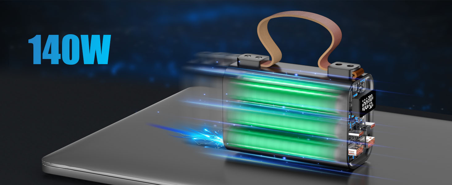 Портативний акумулятор для ноутбука 140W, 50000mAh, з LED дисплеєм, PD3.1, QC4.0, 4 виходи, 2 входи (Чорний)