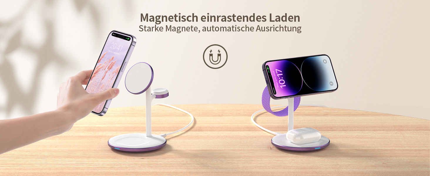 3-в-1 Бездротова Зарядка для Багатьох Пристроїв: iPhone, iWatch, AirPods (15W, MagSafe, Lila)