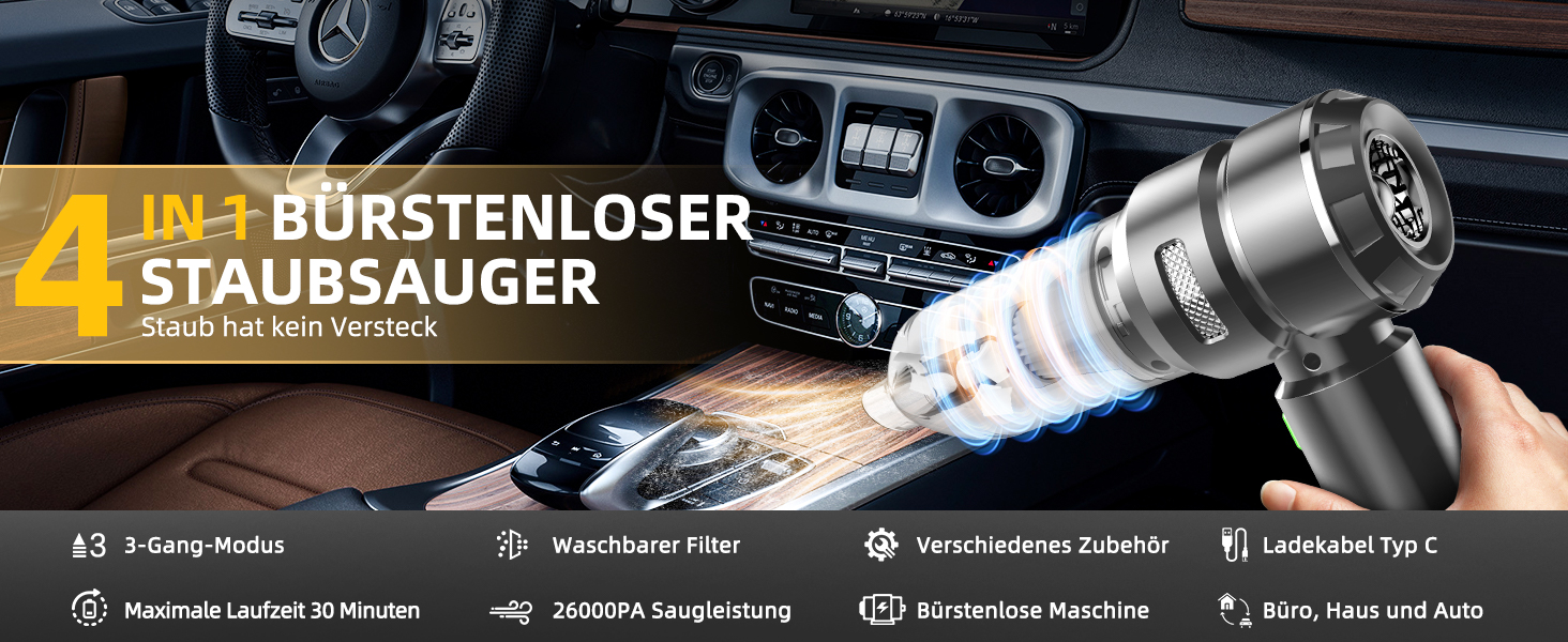 Портативний бездротовий пилосос NVKHG з акумулятором, 26000Pa, 3 швидкості, безщітковий двигун, для дому, авто, офісу, видалення шерсті тварин, срібний