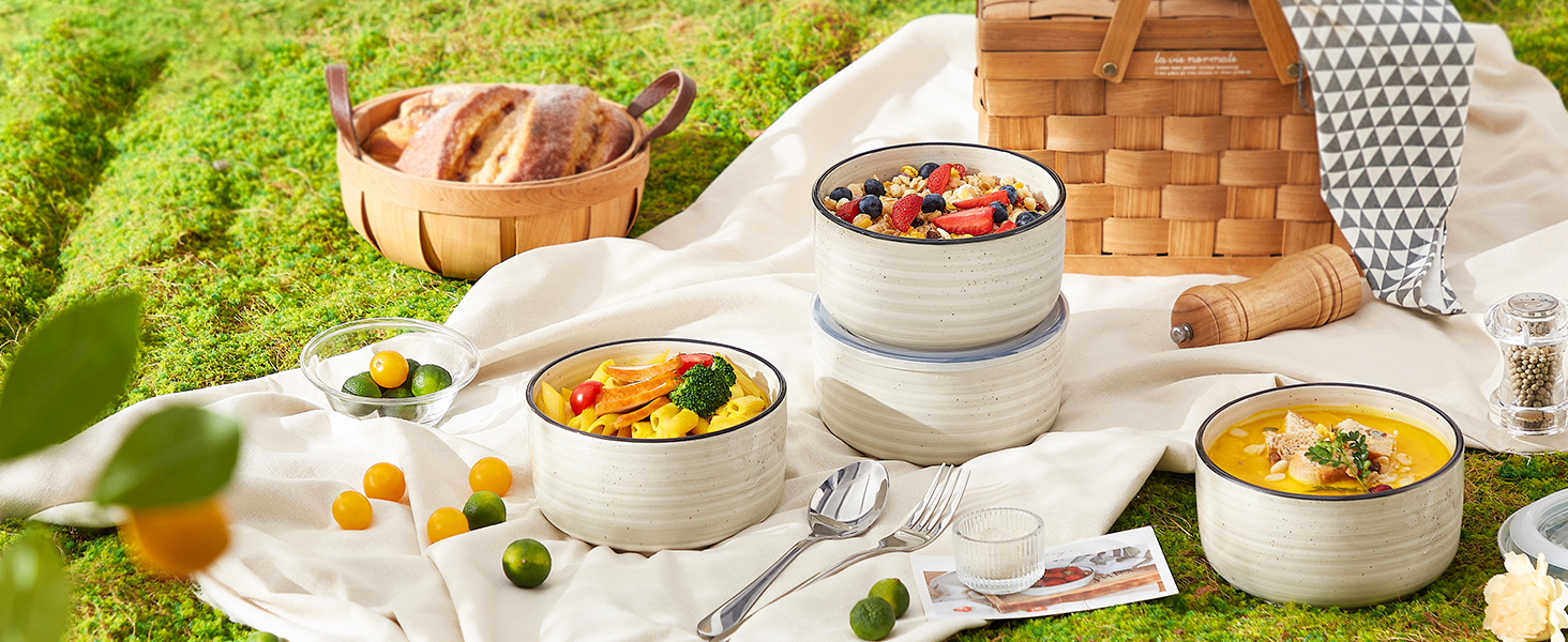 Набір керамічних супових та сервірувальних мисок Vancasso Bonbon з кришкою (4 шт.), бежевий