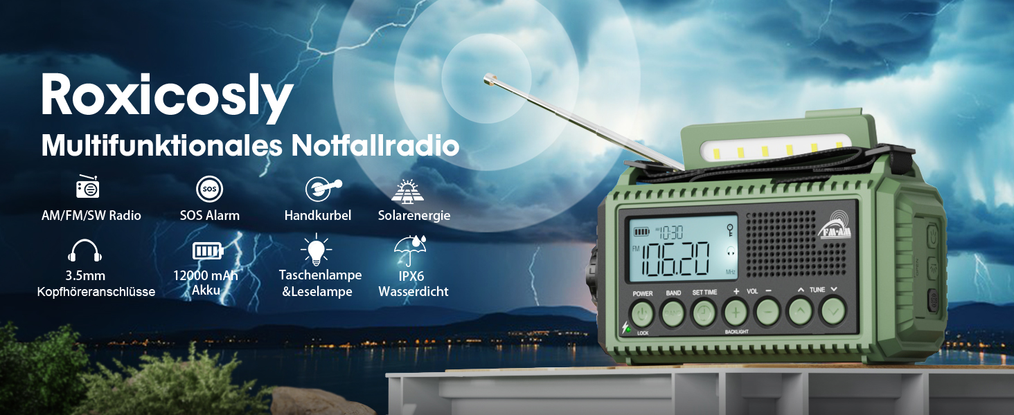 Радіоприймач Kurbelradio на 12000 mAh з ручним заводом, сонячною панеллю та SOS-сигналом. AM/FM/SW радіоприймач з USB-зарядкою, ліхтарик та світло для читання. Ідеально для кемпінгу, надзвичайних ситуацій та відключень електроенергії. Зелений колір.