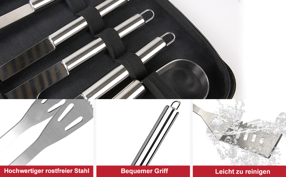 Набір гриль-посуду 11 предметів, 34 см, нержавіюча сталь. Комплектація: щипці, виделка, кейс. Практичний багатофункціональний набір для барбекю, подарунок для чоловіків (срібний)