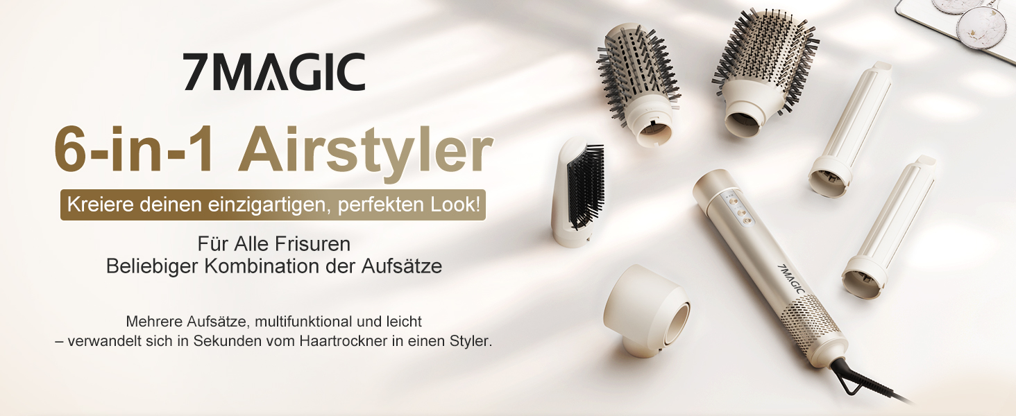 7MAGIC Airstyler 6-в-1: стайлер, плойка, фен, іонізація, для волосся, професійний, для особливих випадків, золото