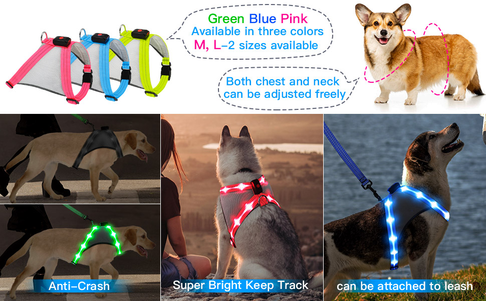 LED нашийник для собак ChalkLit, світлодіодна шлейка для собак, безпечний нашийник для нічних прогулянок (Синій, L)